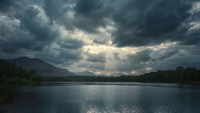 Sunbeams Breaking Through Storm Clouds Over Tranquil Mountain Lake