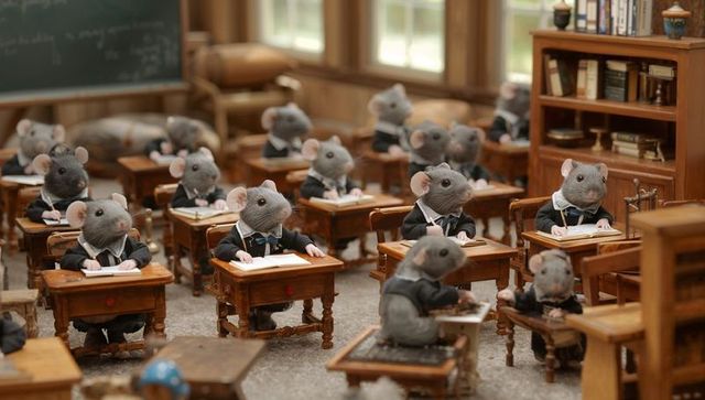 Anthropomorphic mice students in classroom setting