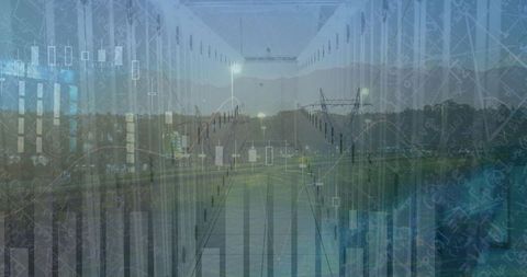 Financial data processing and digital interface on cityscape