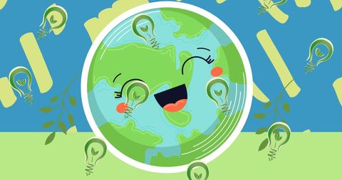 Smiling Earth Globe with Leaves Promotes Environmental Sustainability