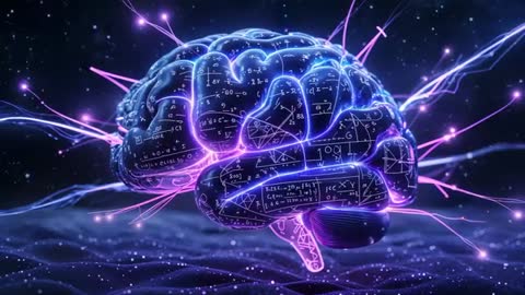 Neon 3D Brain with Pulsating Cables and Formulas