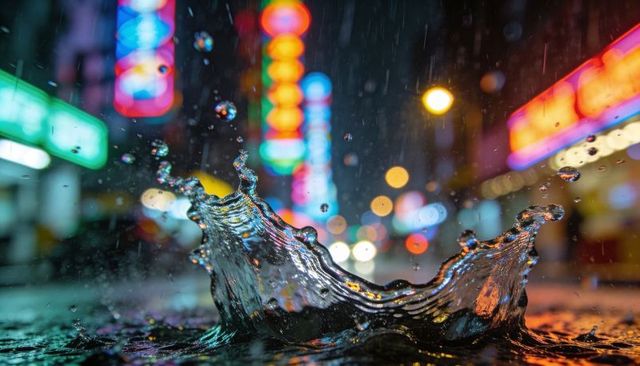 Neon Night Rain Splash Forming Crown on Wet Pavement with Bokeh Streetlights