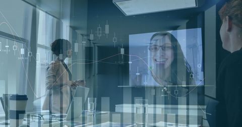 Virtual Meeting with Financial Data Overlay in Modern Office - Download Free Stock Images Pikwizard.com