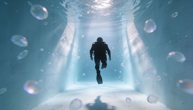 Silhouette scuba diver ascending in sunlit concrete dive tank with rising bubbles