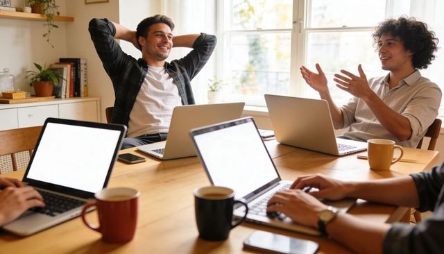 Smiling man leaning back with hands behind head at home office table during team meeting