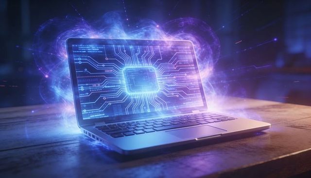 Glowing laptop emitting neon microchip aura showing futuristic circuitry and ai power