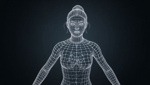 Female 3d wireframe anatomy displaying lungs, ribs and facial topology on dark gradient