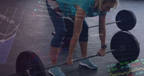 Female athlete gripping olympic barbell preparing deadlift with fitness data overlay