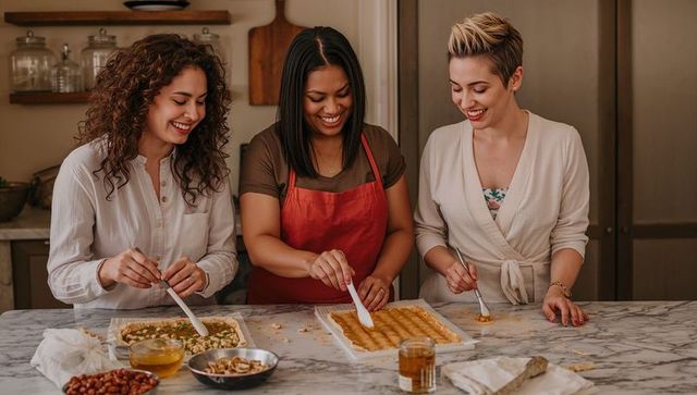 Three friends baking dessert bars together on marble counter, teamwork kitchen joy