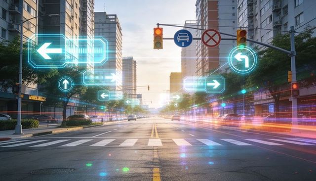 Smart city ar navigation overlay on urban avenue at sunset with traffic motion trails