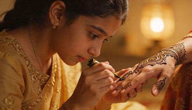 Young indian girl applying intricate henna on hand for wedding and festival celebration