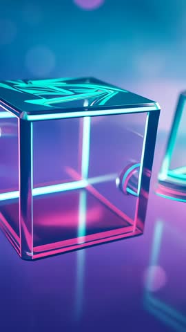 Futuristic Neon Glass Cube Rotating with Glowing Lid Shedding and Receding Cable Vertical Loop