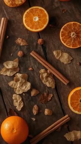 Vertical panning food video with orange halves and cinnamon sticks on rustic wood