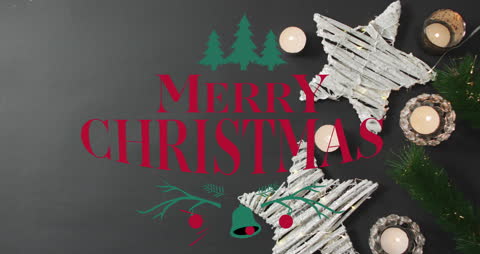 Merry Christmas Text Overlay with Festive Decorations