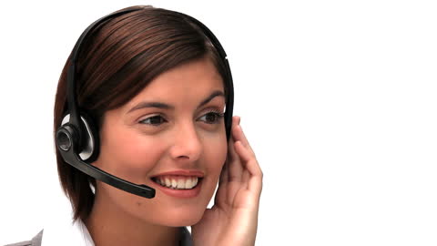 Smiling Businesswoman Talking with Headset for Customer Support