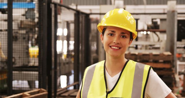 Smiling Female Factory Worker Wearing Safety Gear at Manufacturing Plant - Download Free Stock Images Pikwizard.com