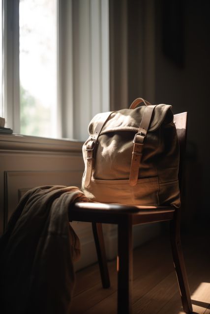 Vintage leather backpack placed on a wooden chair beside a sunlit window. Warm, natural lighting enhances the cozy and nostalgic atmosphere. Ideal for promoting travel, lifestyle, or fashion content. Use in blogs, online stores, or social media to convey a rustic, retro feel.