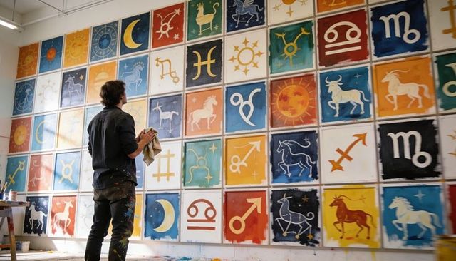 Male artist inspecting colorful zodiac panel grid in sunlit studio wearing paint-stained clothes