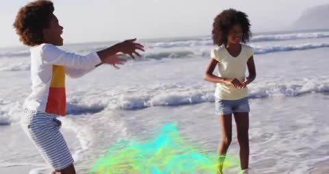 Children Enjoying Playful Moment at Beach with Tech Overlay