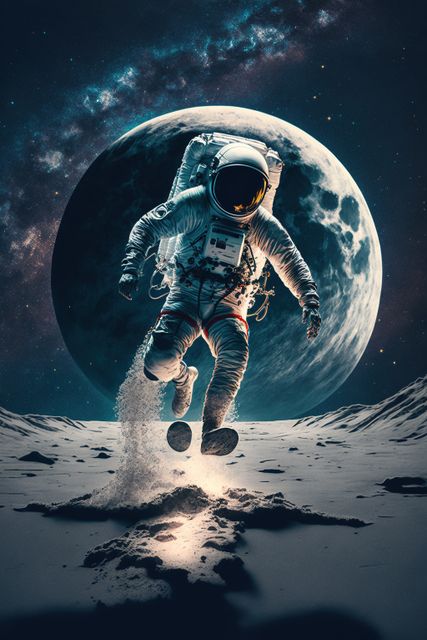 Astronaut exploring and floatnig on moon, created using generative ai technology. Space, planets and astronaut concept, digitally generated image.