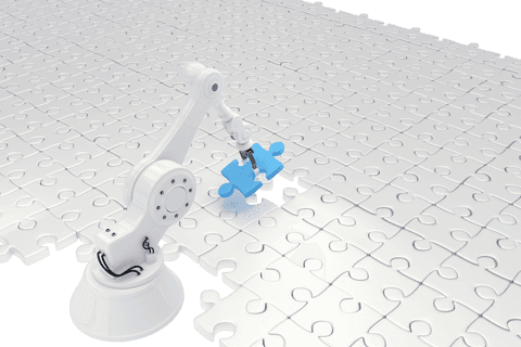transparent robot arm solving jigsaw puzzle on white surface - Download Free Stock Videos Pikwizard.com