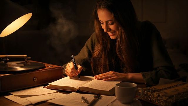 Cozy late night woman writer smiling while journaling by warm lamp with vintage turntable