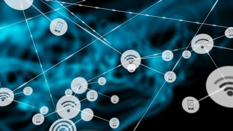 Digital Icons Connected on Blue Wave Background