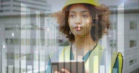 Female Architect Utilizing Technology with Financial Charts Overlay