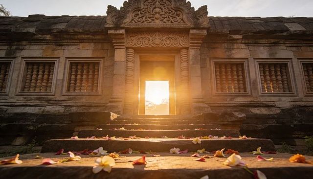 Ornate temple doorway glowing at sunrise with worn stone steps and scattered plumeria petals