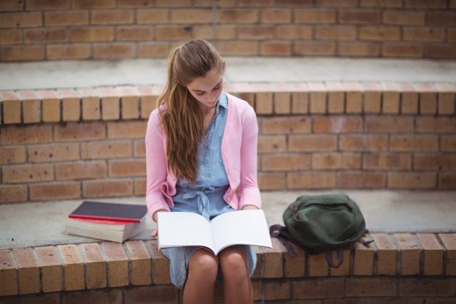 Attentive schoolgirl reading book in campus at school