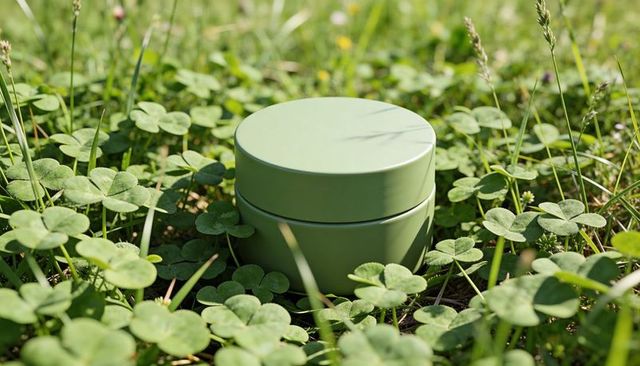 Matte green cosmetic jar sitting on clover closeup eco skincare packaging