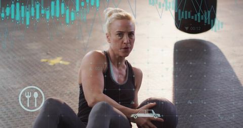 Active Woman in Gym with Virtual Fitness Overlays