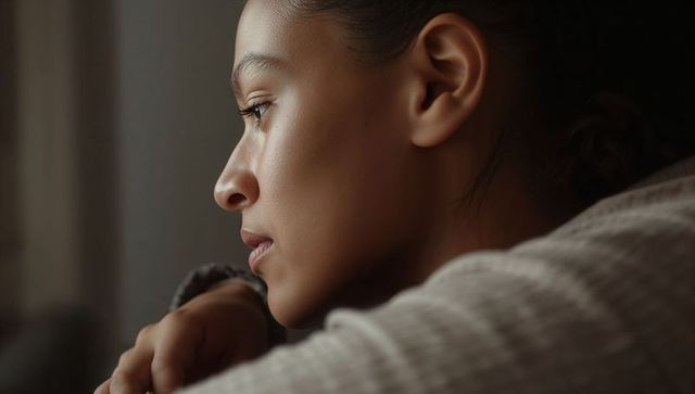 Contemplative young woman gazing through window, closeup profile, soft natural light