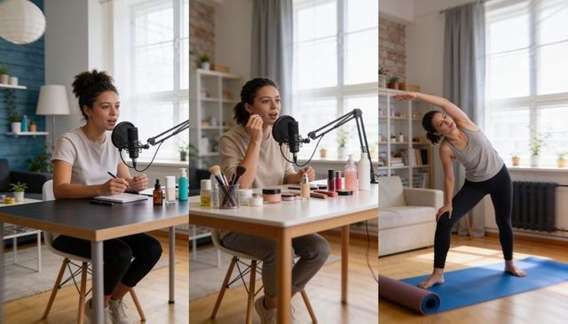Home creator producing podcast, applying makeup and stretching on yoga mat in daylight
