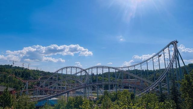 Towering roller coaster curves amid forest on clear day