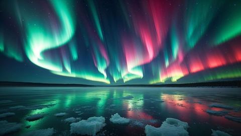 Vibrant northern lights dancing over icy lake at night