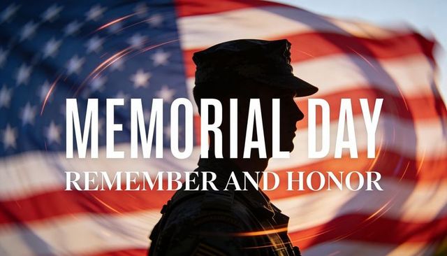 Silhouetted soldier saluting against american flag for memorial day tribute