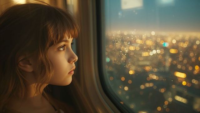 Girl Gazing Out of Airplane Window at City Lights
