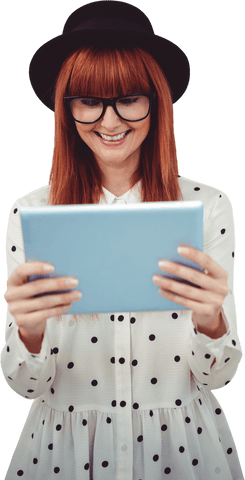 Smiling Hipster Woman with Glasses Wearing Hat Holding Tablet Transparent