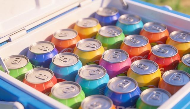 Cooler overflowing with colorful chilled soda cans for summer picnic and outdoor party