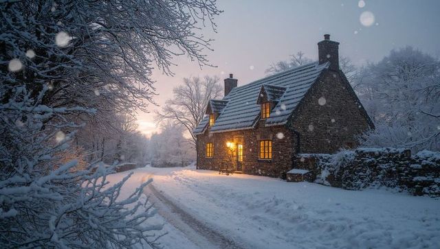 Stone Cottage Glowing Lantern Light on Snowy Country Lane at Dusk