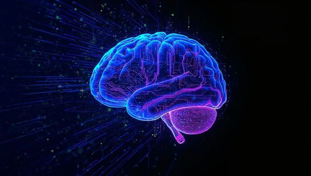 Futuristic Neon Brain with Circuit Pathways and Data Stream