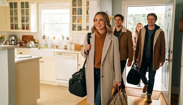 Friends arriving home with luggage, woman leading with duffel bags and smiling warmly