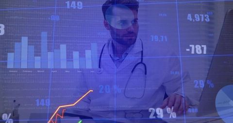 Doctor Analyzing Data with Futuristic Graphs Overlay