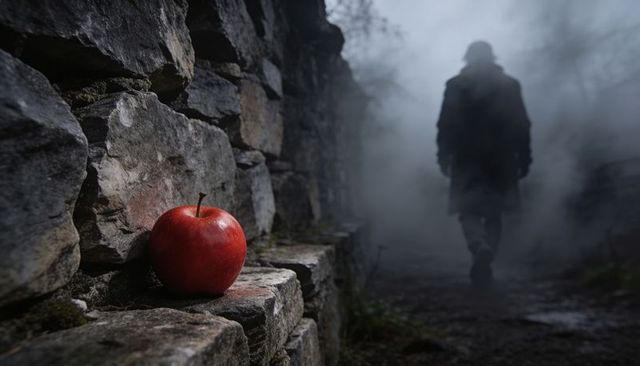 Red apple on mossy stone ledge with mysterious silhouette walking through foggy quiet path