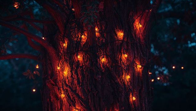 Enchanted Tree with Warm Orange Glow from String Lights at Night