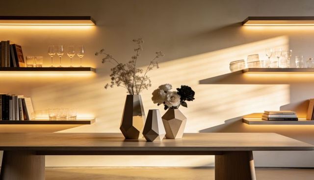 Minimalist faceted ceramic vases featuring dried grasses and dark blooms on lit wood table