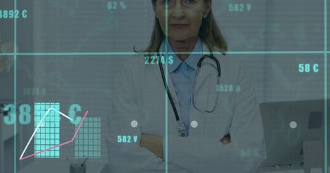 Senior female doctor crossing arms with stethoscope and teal medical analytics overlay