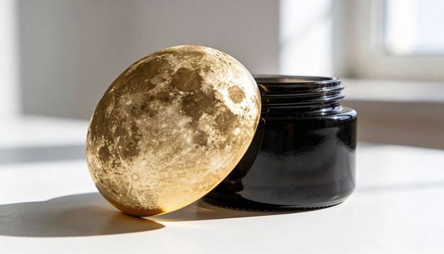 Golden moon-textured lid leaning on glossy black jar with sunlit craters and shadow
