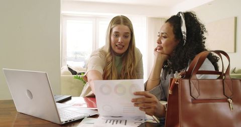 Coworkers collaborating on business analysis in home office